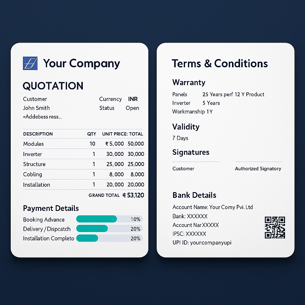 Sample solar quotation PDF with BOQ and milestone payments